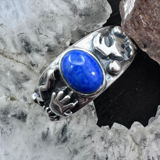 Jody Naranjo Sterling Silver Oval Denim Lapis Petroglyph Band Ring For Women