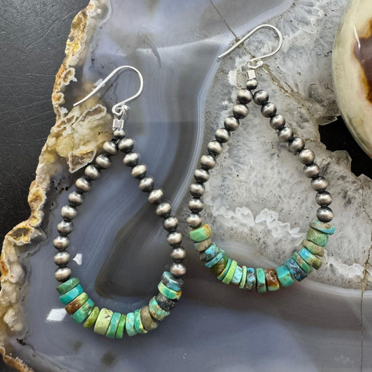 Sterling Silver Navajo Pearl Southwester Style & Turquoise Bead Hoop Earrings For Women