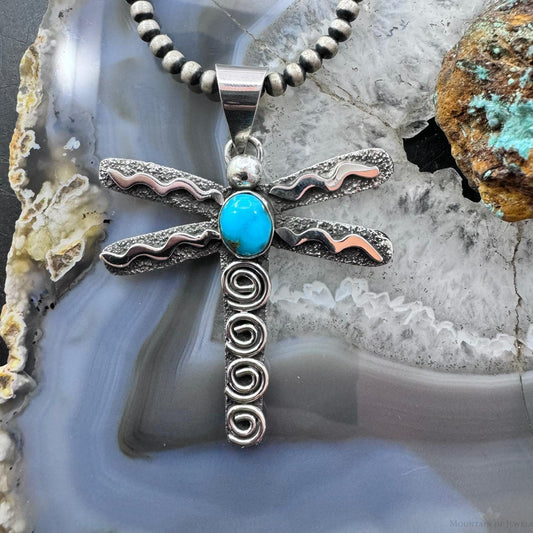Alex Sanchez Native American Sterling Silver Turquoise & Petroglyph Dragonfly Unisex Pendant
