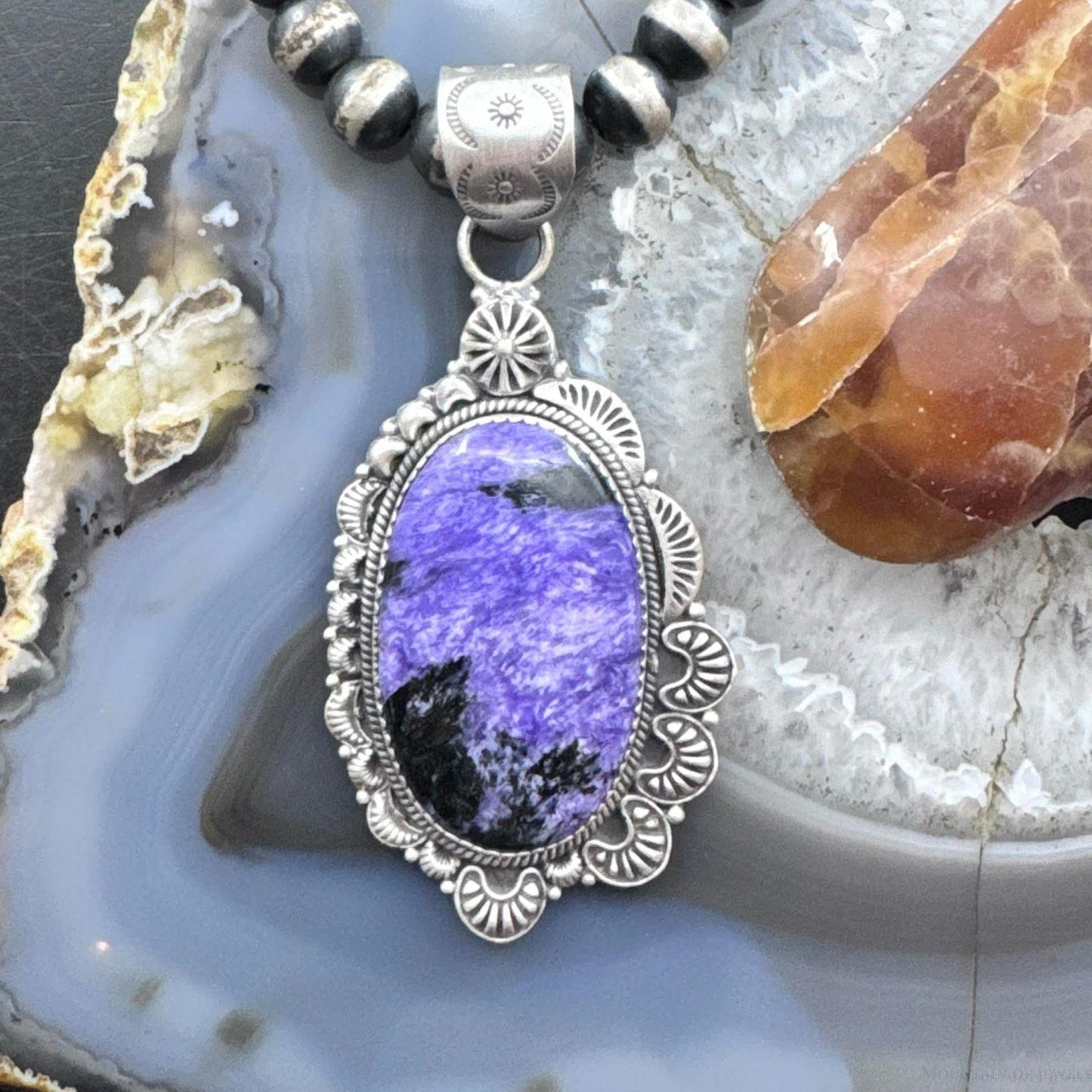 Sterling Silver Southwestern Style Large Oval Charoite Decorated Pendant For Women