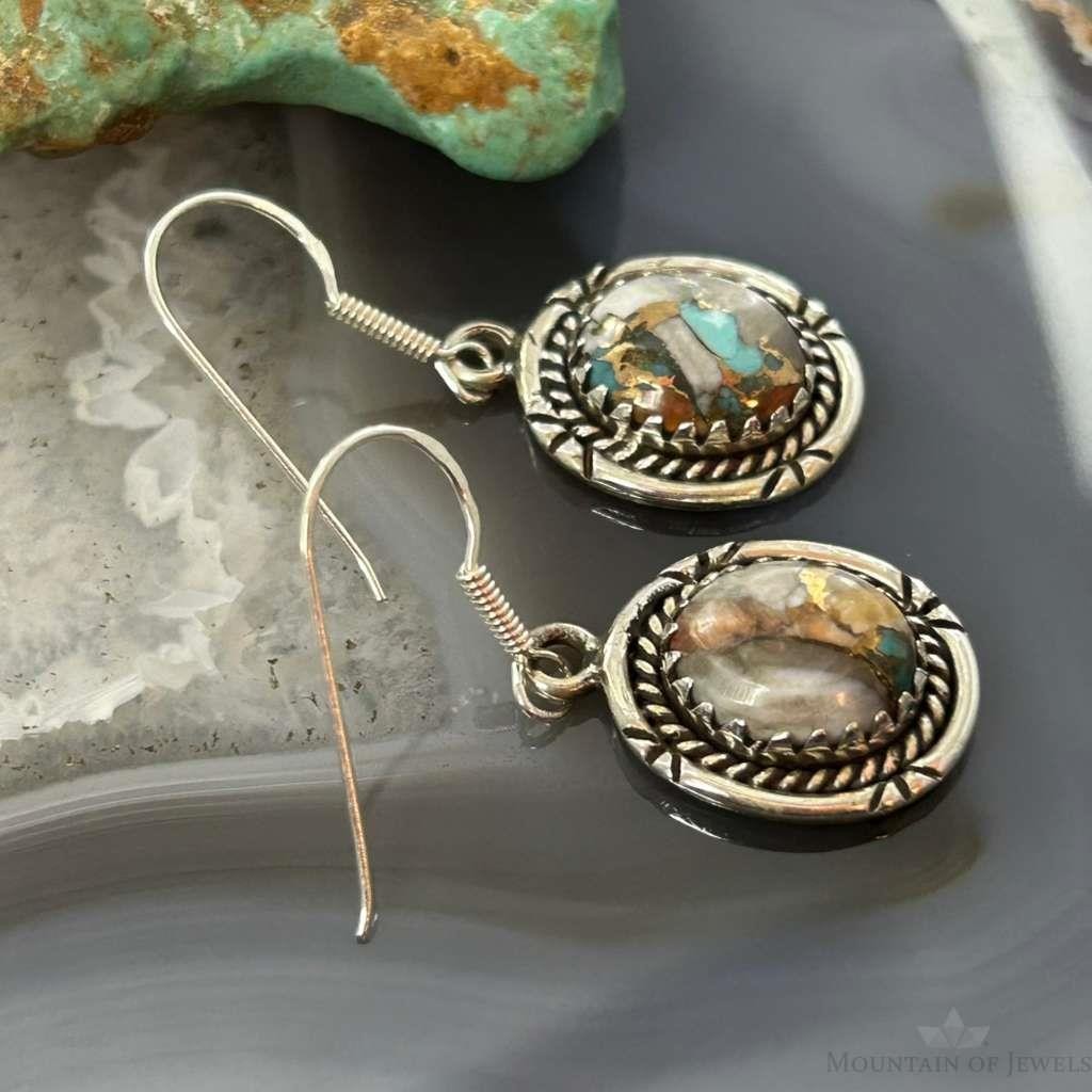 Sterling Silver Southwestern Style Spiny Oyster Turquoise Dangle Earrings For Women