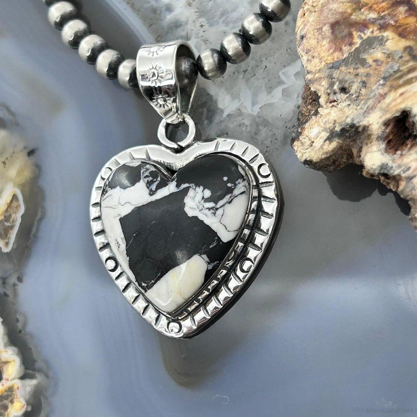 Sterling Silver Southwestern Style White Buffalo Decorated Heart Pendant For Women #1