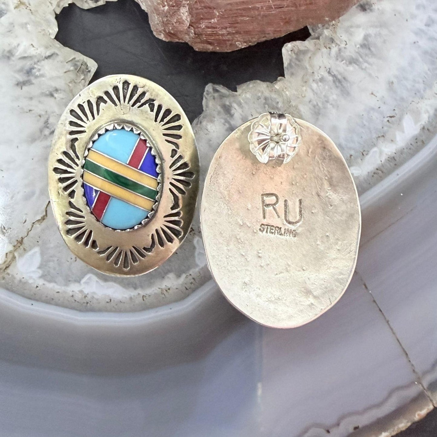 Signed Native American Sterling Silver Multi Stone Inlay Post Earrings For Women