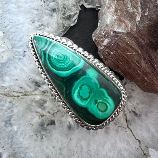 Sterling Silver Southwestern Style Elongated Teardrop Malachite Decorated Ring Size 9 For Women