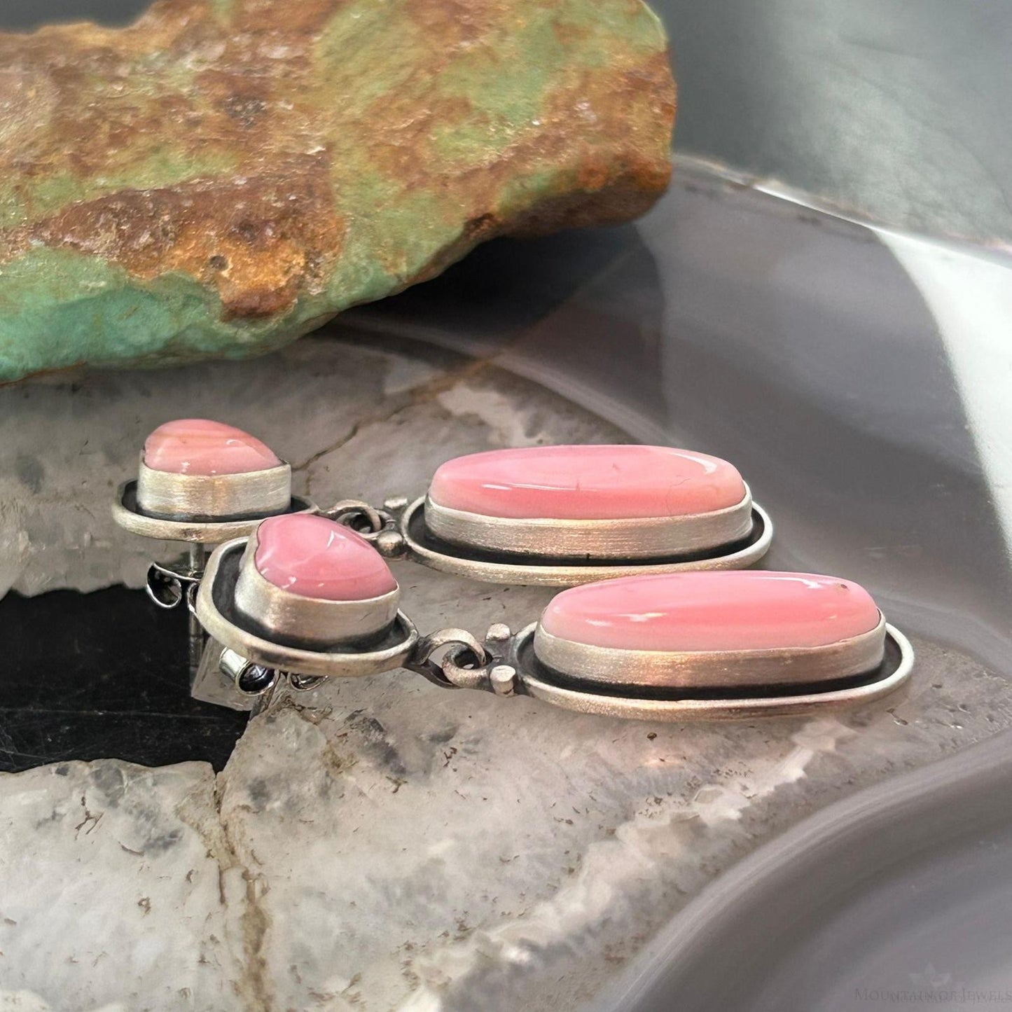 Native American Sterling Silver Pink Conch Heart & Oval Dangle Earrings For Women