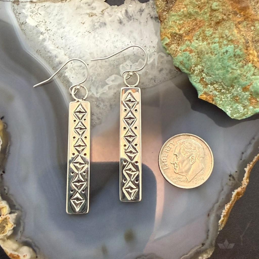 Michael Nez Native American Sterling Stamped Rectangle Dangle Earrings For Women
