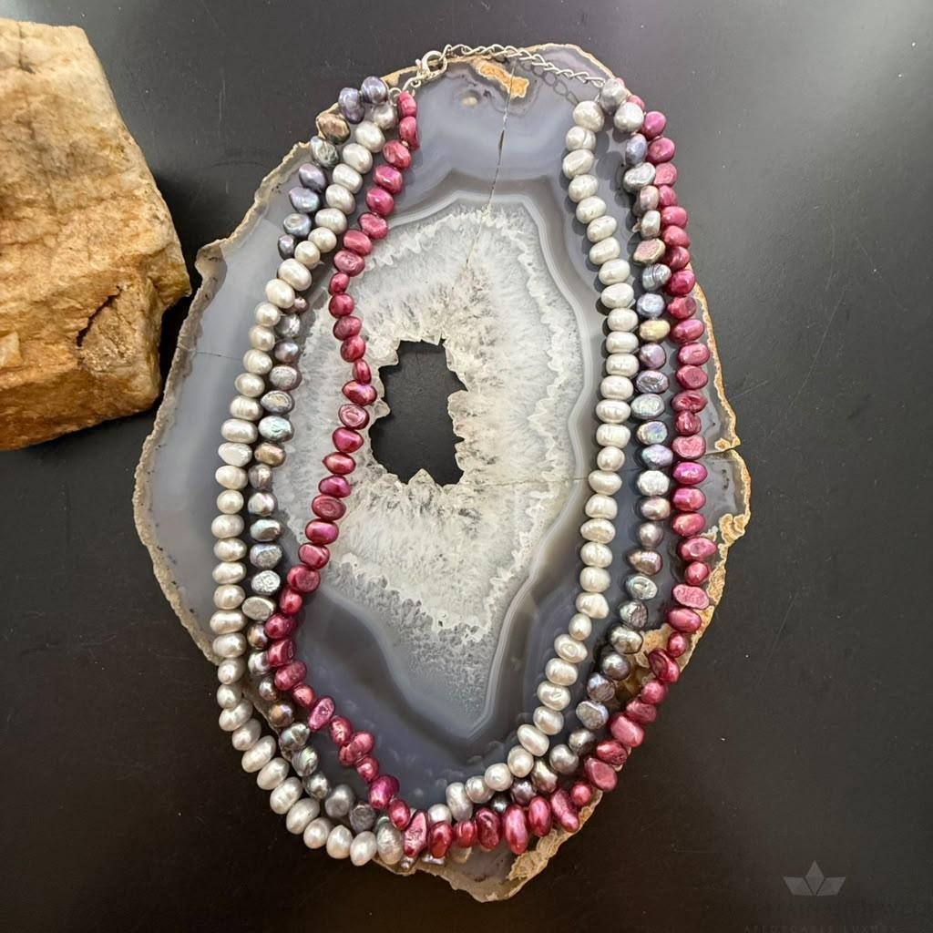 Sterling Silver 3 Strands Pink,Black,Gray Freshwater Pearl 17'-19" Necklace