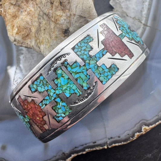 Vintage Native American Silver Turquoise & Coral Chip Inlay Bracelet For Women