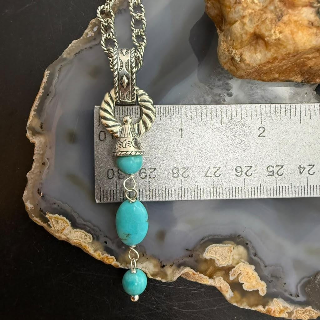 Carolyn Pollack Sterling Silver Turquoise Pendant on Rope Link Chain Necklace For Women