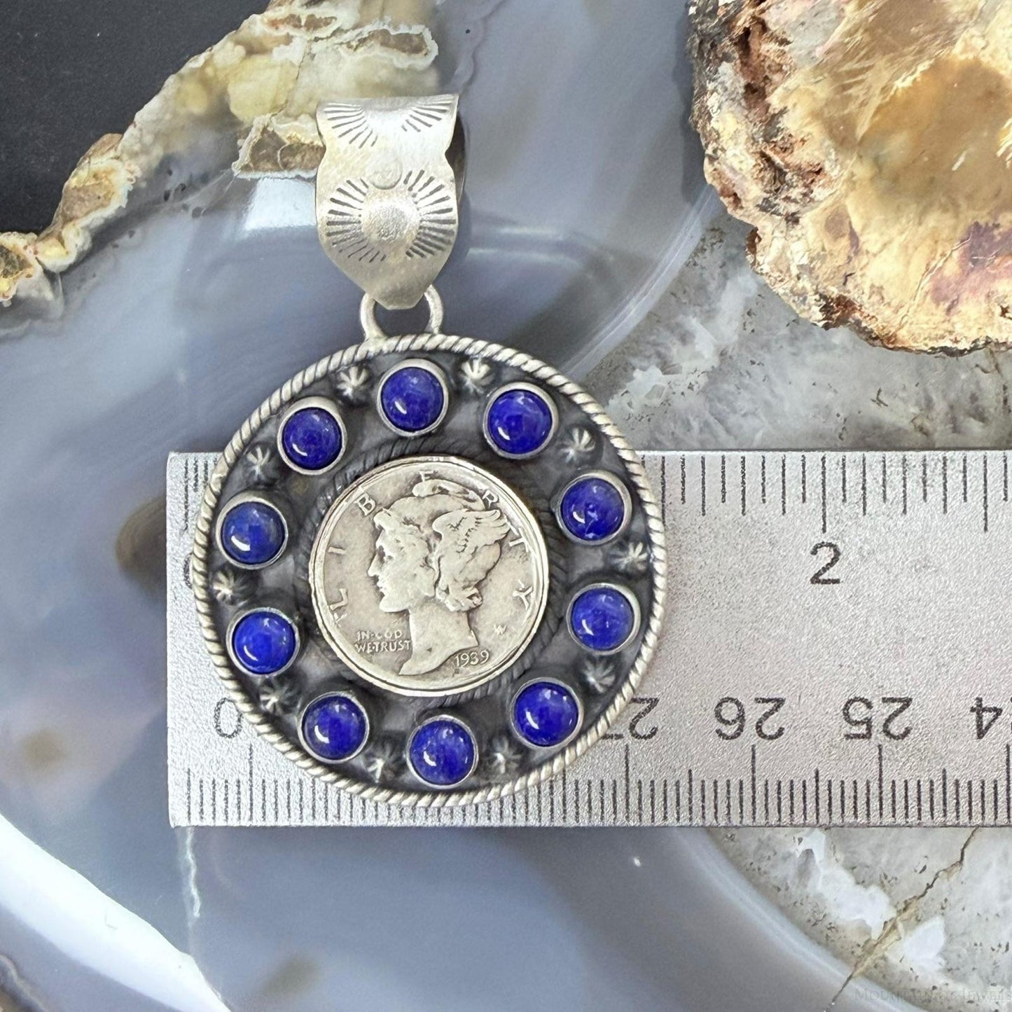 Genuine 90% Silver Mercury Dime Coin w/Lapis Decorated Unisex Pendant