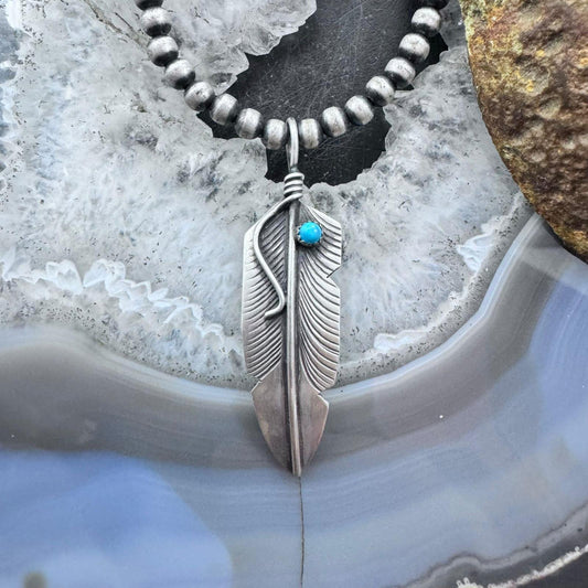 Chris Charley Native American Sterling Silver Turquoise Dot Feather Unisex Pendant