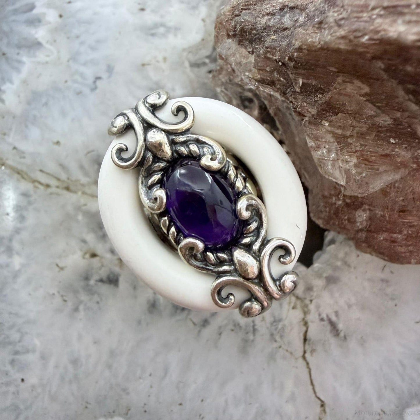 Carolyn Pollack Sterling Silver White Agate & Oval Amethyst Ring Size 7.25 For Women