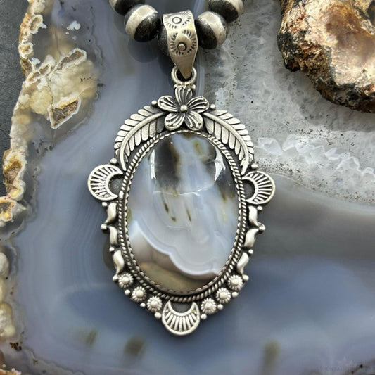Sterling Silver Southwestern Style Oval Moss Agate Tube Decorated Pendant For Women