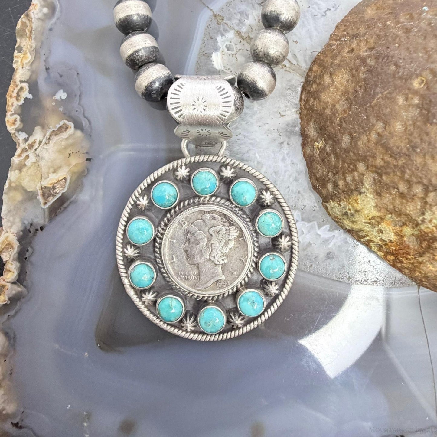 Genuine 1943 90% Silver Mercury Dime Coin w/Mohave Turquoise Unisex Pendant