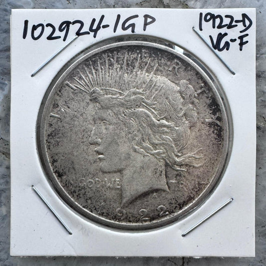 1922-D US 90% Peace Silver Dollar VG-F #102924-1GP