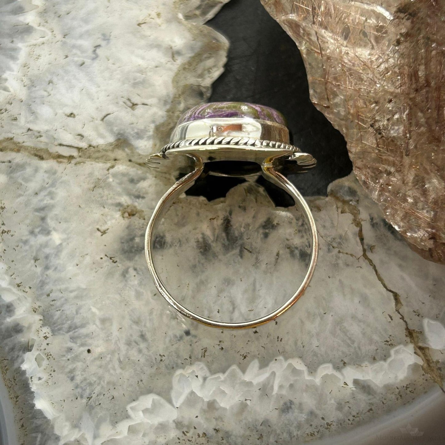 Sterling Silver Southwestern Style Oval Stichtite Decorated Ring Size 8.5 For Women