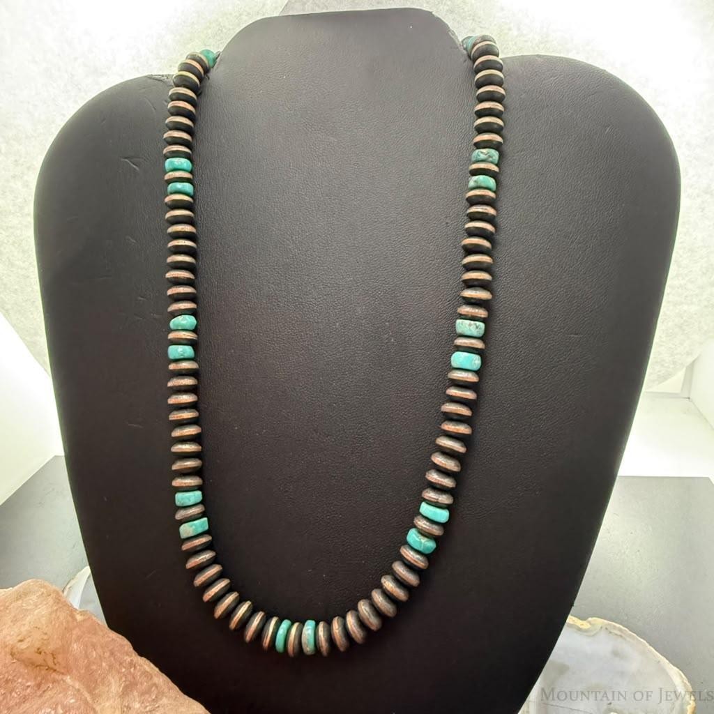 Southwestern Style Copper 7mm Navajo Pearl Saucer & Turquoise 18"-20" Necklace For Women