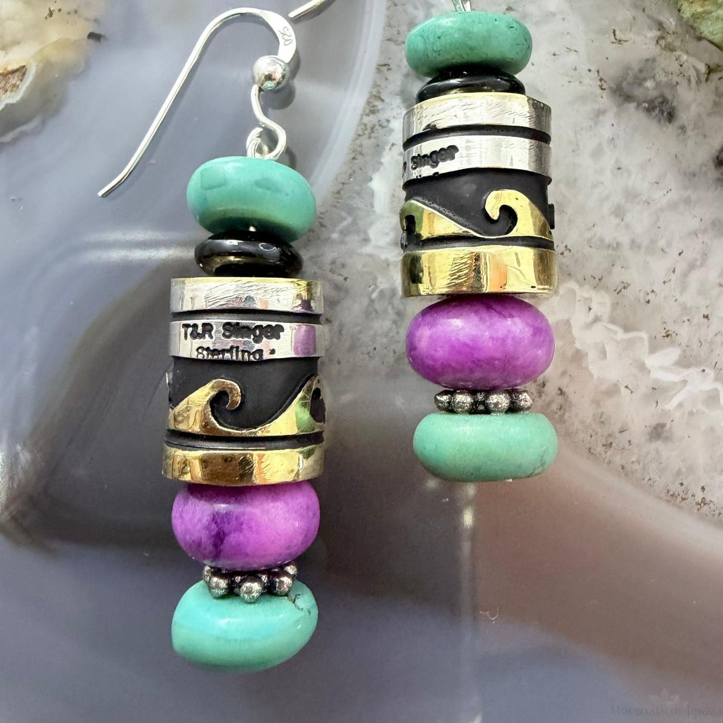 Tommy & Rosita Singer Sterling Silver Turquoise & Charoite Beads Dangle Earrings For Women
