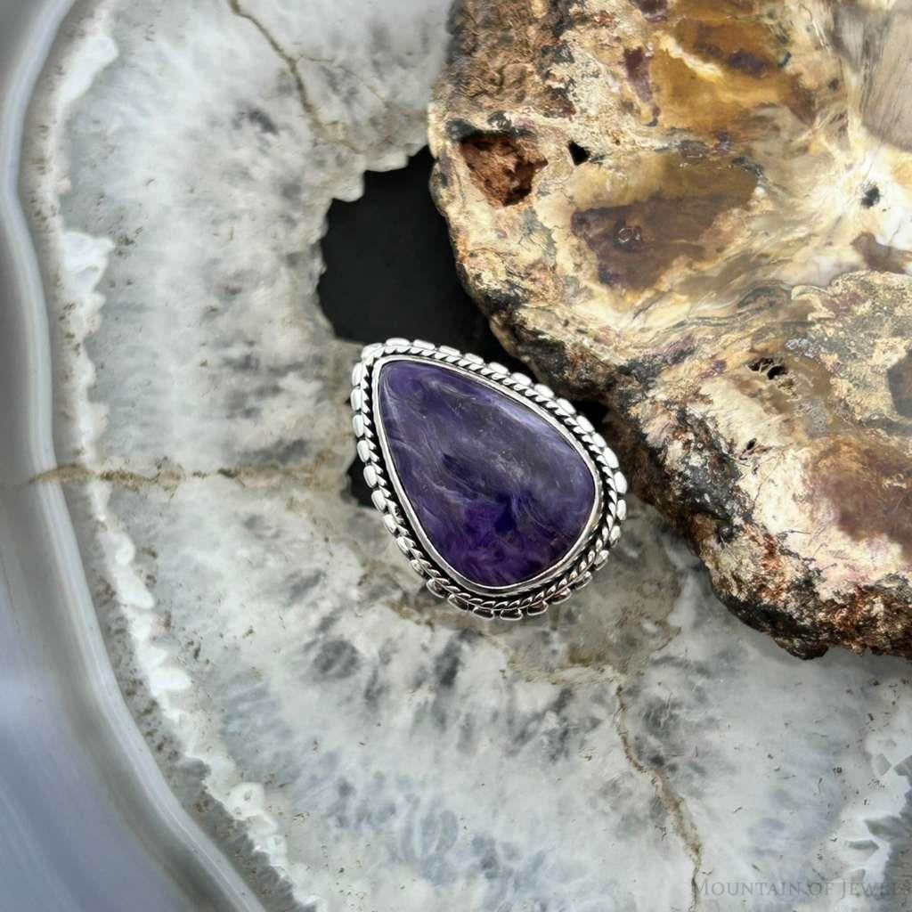 Sterling Silver Southwestern Style Teardrop Charoite Ring Size 7 For Women