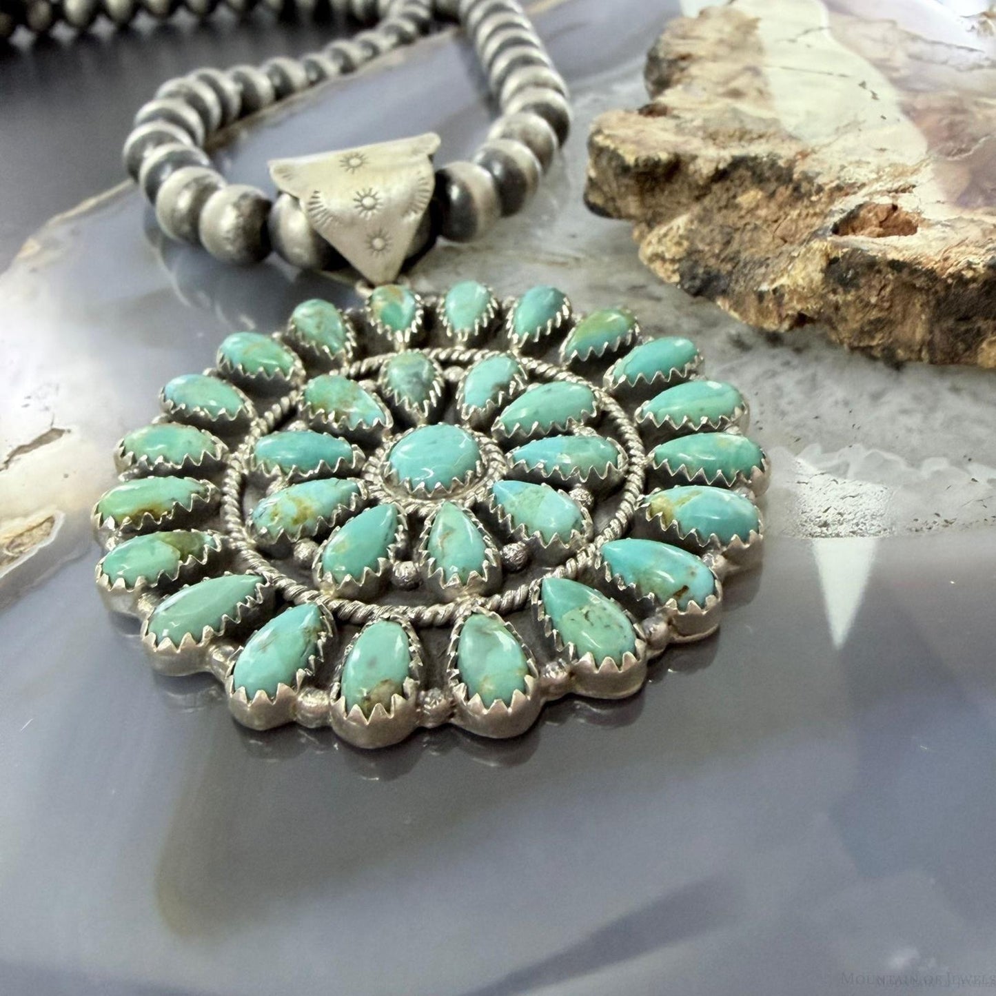 Sterling Silver Southwestern Style Teardrop Mohave Turquoise Round Cluster Pendant