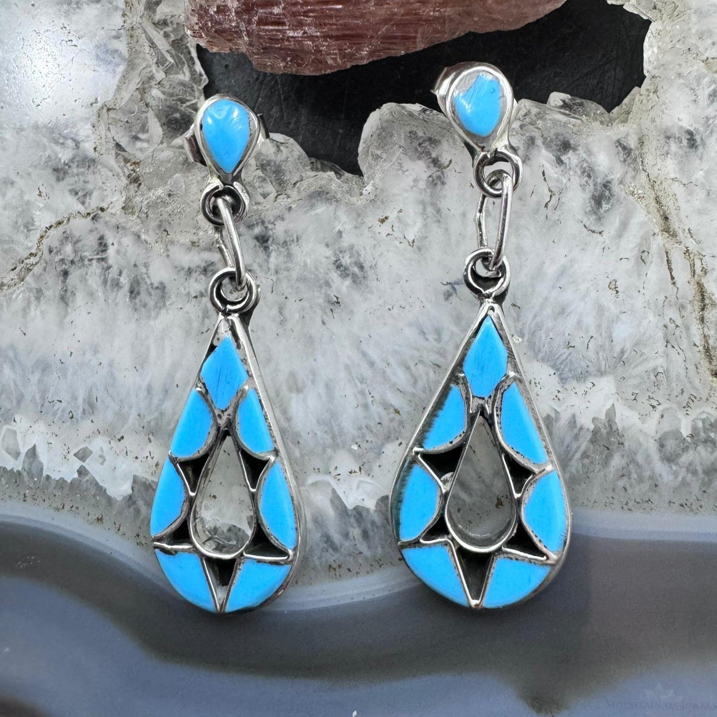 Emma Bowekaty Sterling Silver Turquoise Zuni Inlay Dangle Earrings For Women