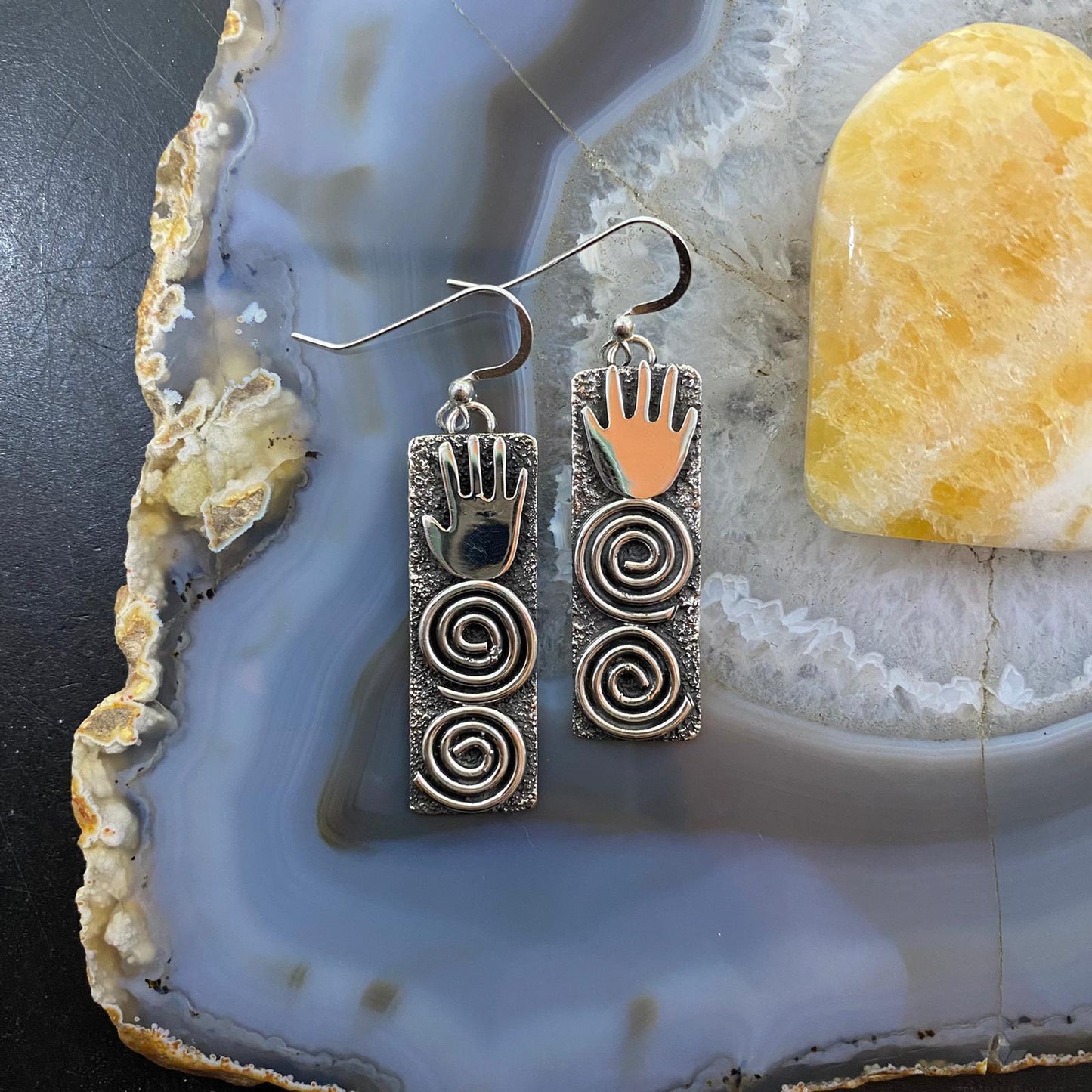 Alex Sanchez Native American Sterling Silver Long Rectangle Petroglyph Dangle Earrings For Women