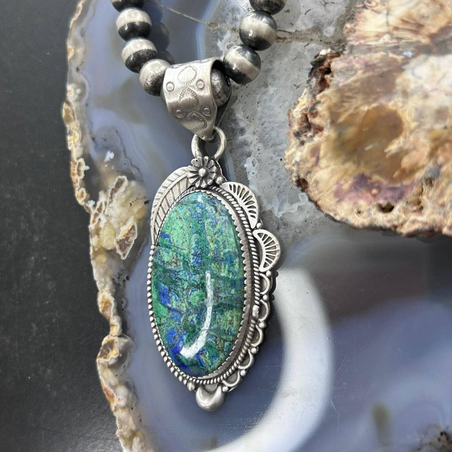 Sterling Silver Southwestern Style Elongated Chrysocolla Decorated Pendant For Women