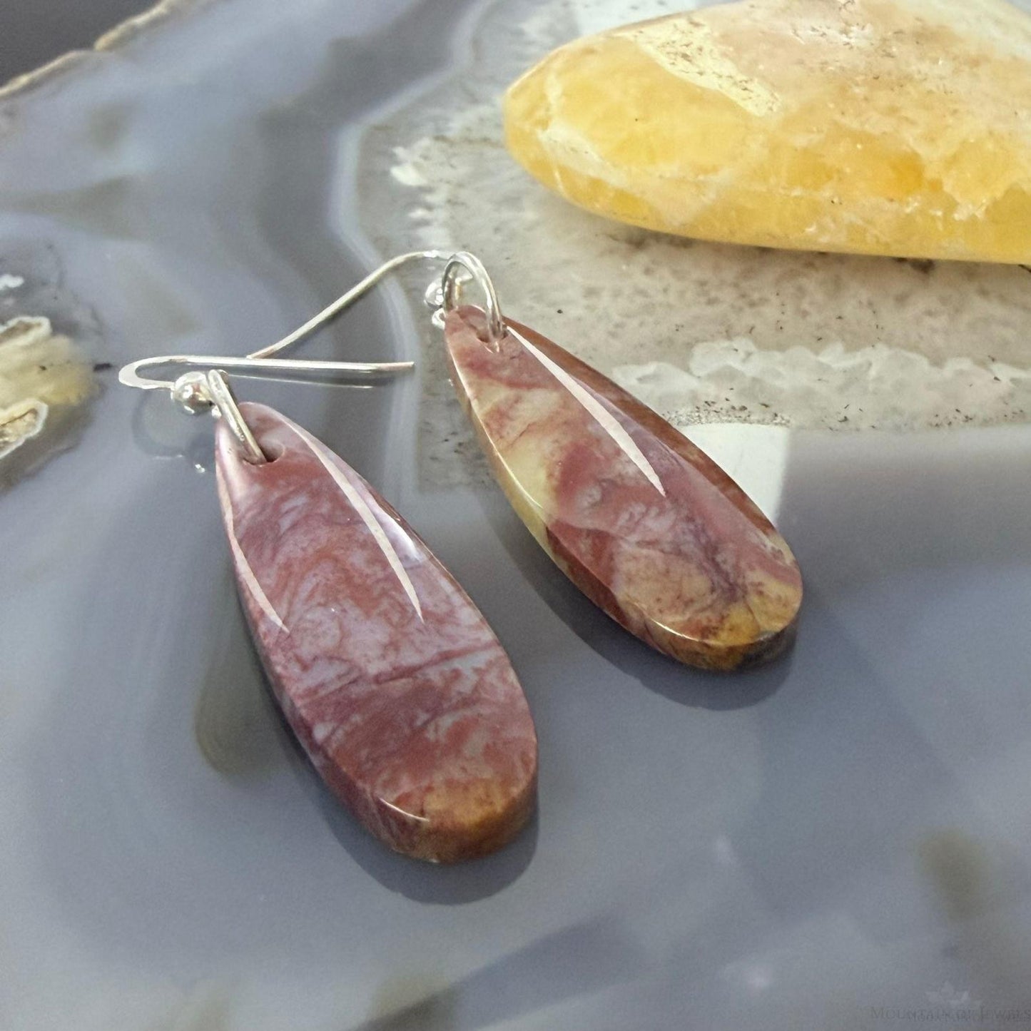 Sterling Silver Teardrop Plum Moss Agate Slab Dangle Earrings For Women #507