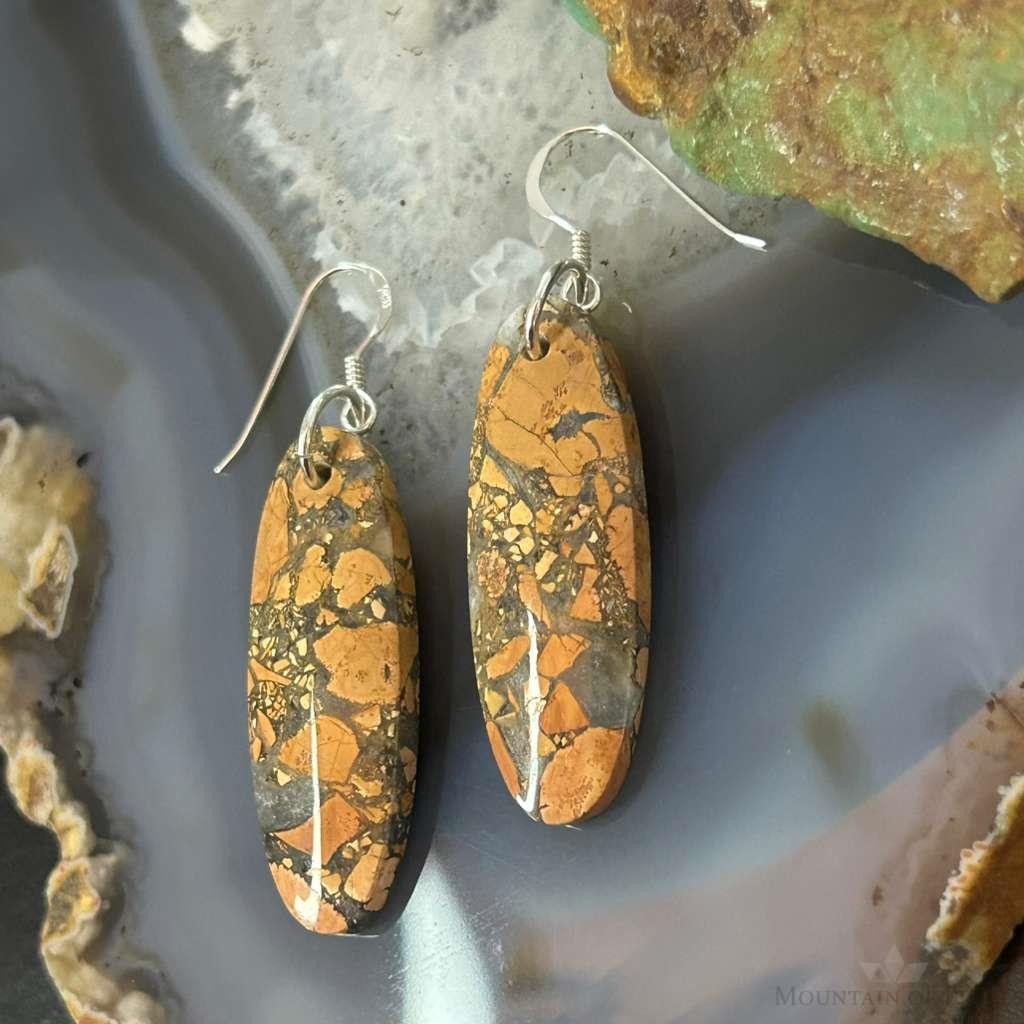 Sterling Silver Oval Maligano Jasper Slab Dangle Earrings For Women #512