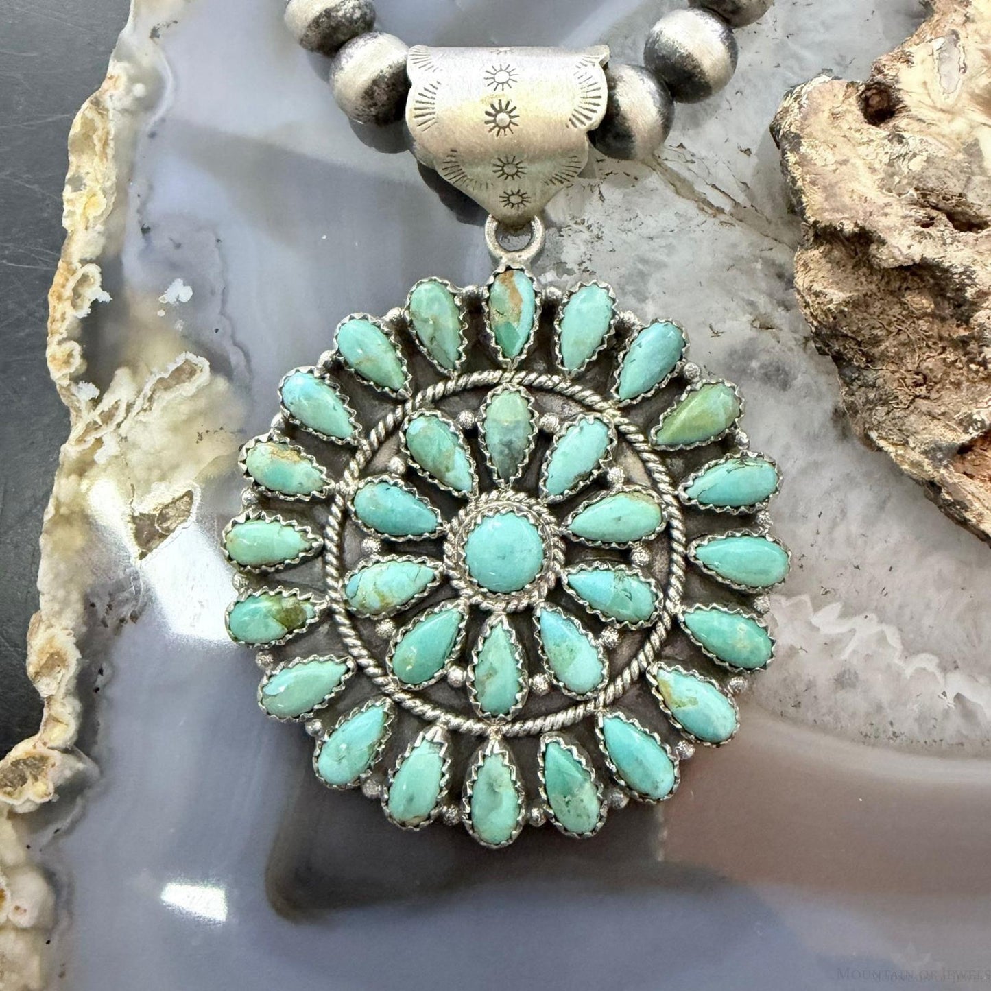 Sterling Silver Southwestern Style Teardrop Mohave Turquoise Round Cluster Pendant