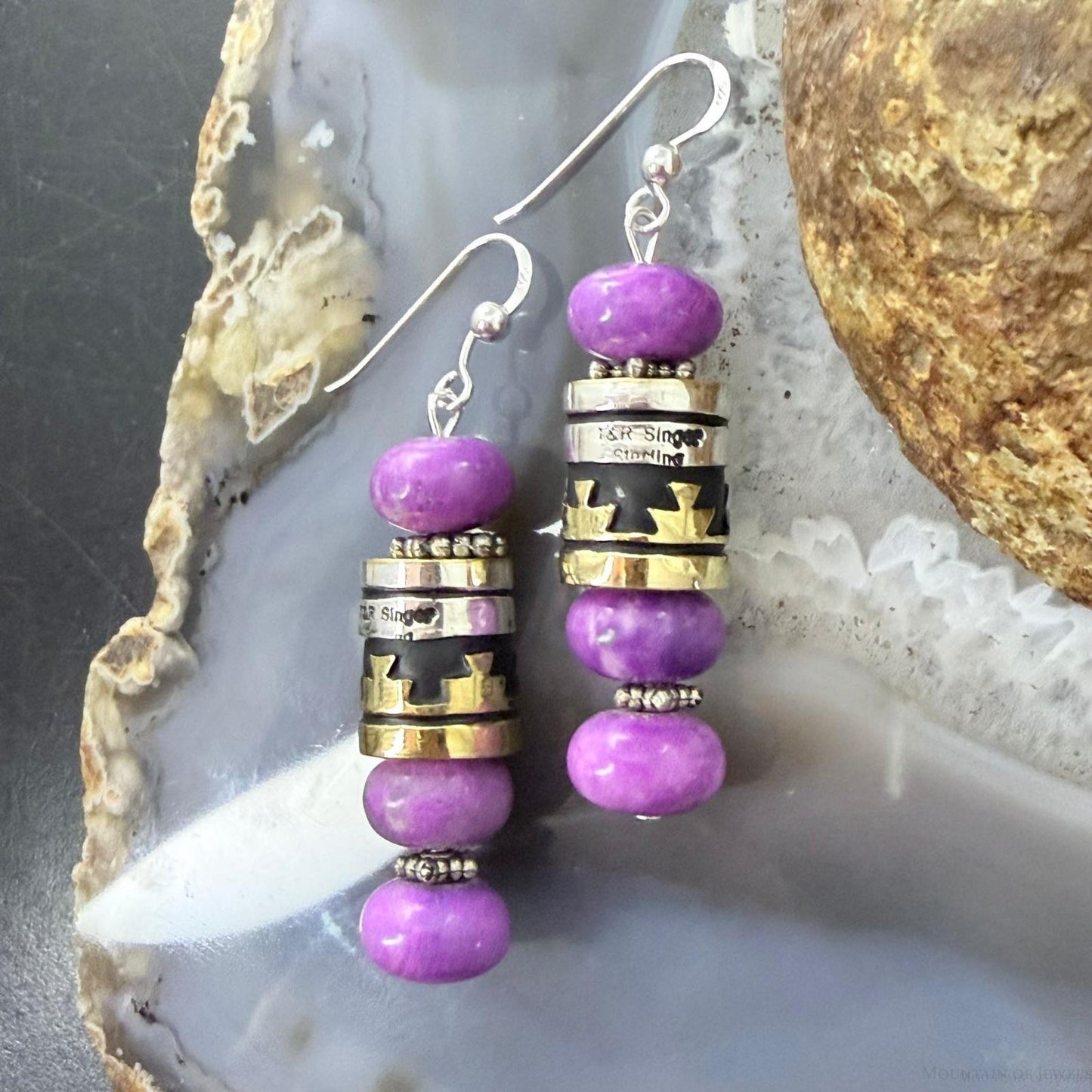 Tommy & Rosita Singer Sterling Silver Charoite Rounded Beads Dangle Earrings For Women