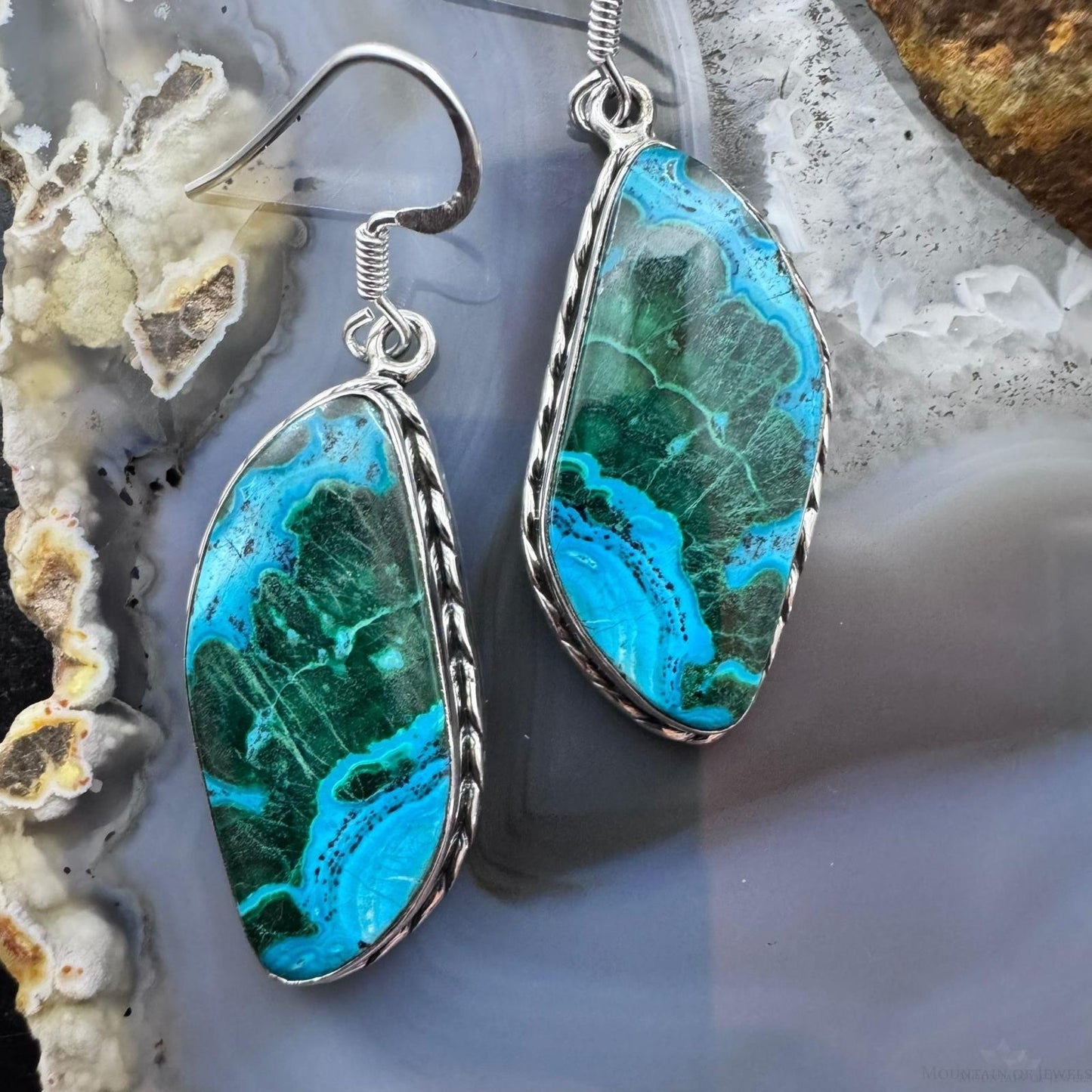 Sterling Silver Southwestern Style Tilde Malachite Azurite Dangle Earrings For Women