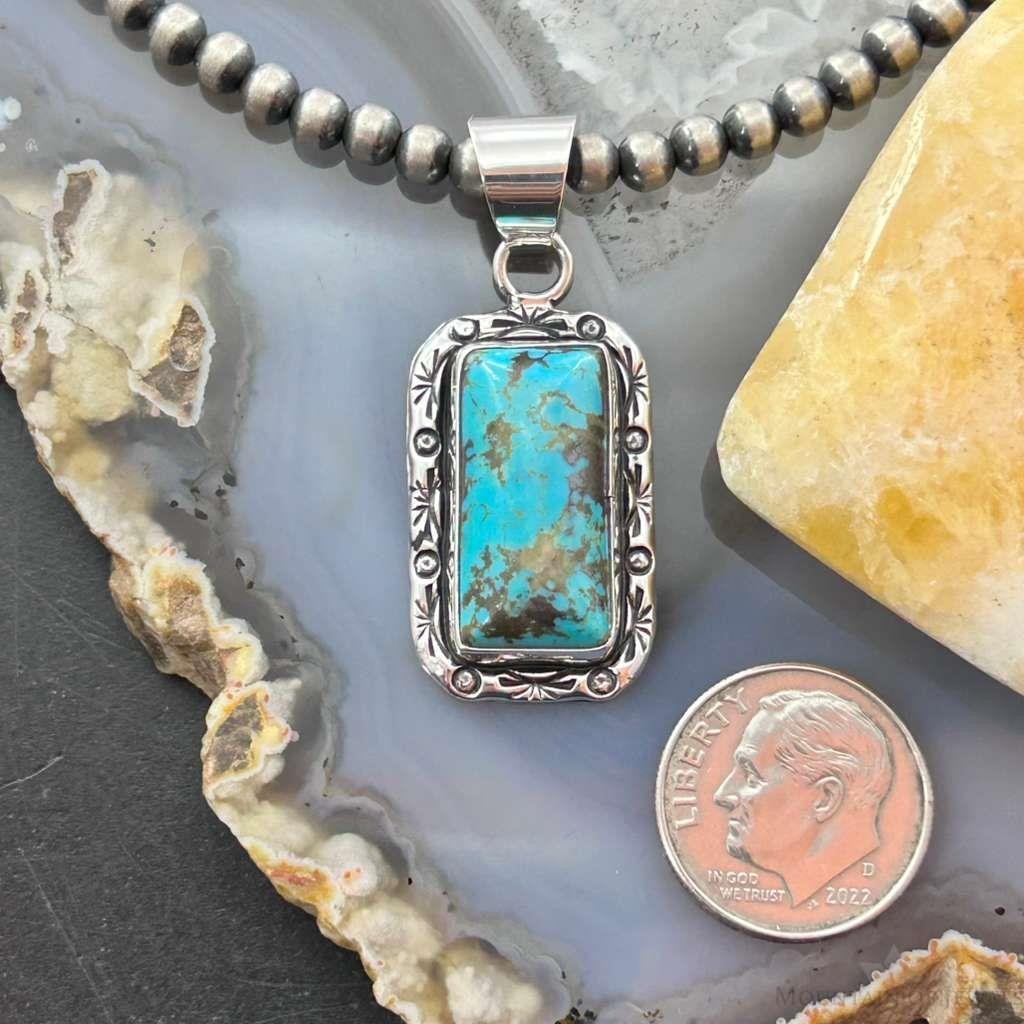 Native American Sterling Silver Rectangle Turquoise Decorated Pendant For Women