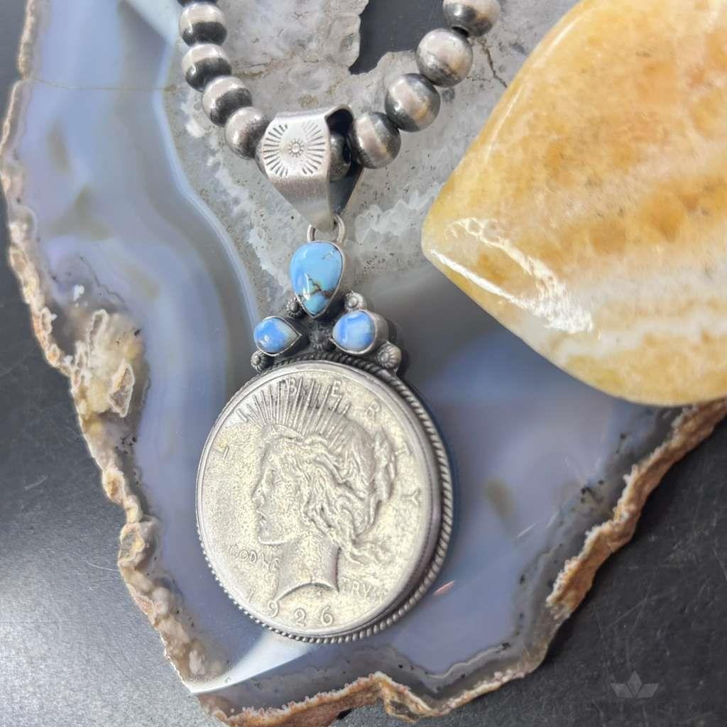 Genuine 1926 90% Peace Silver Dollar Coin Golden Hill Turquoise Unisex Pendant