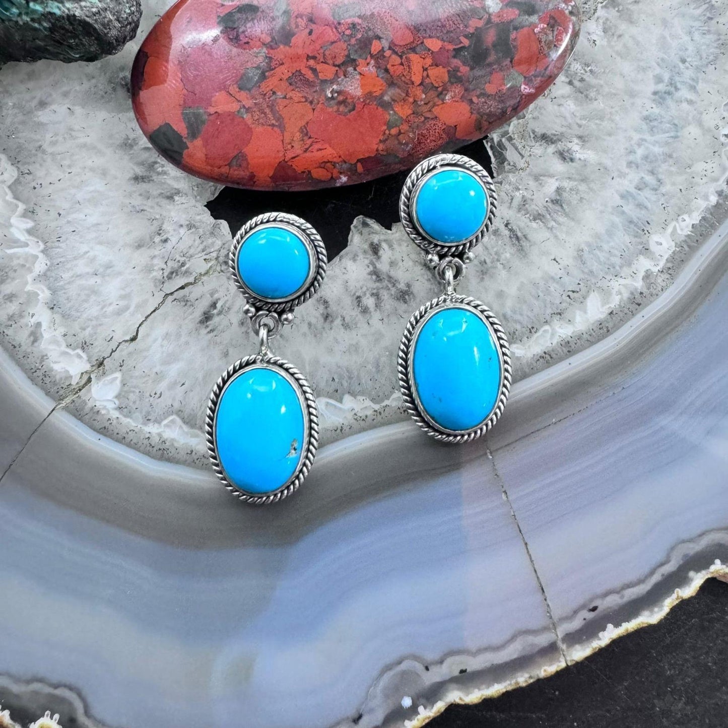 Native American Sterling Silver Turquoise Dangle Earrings For Women