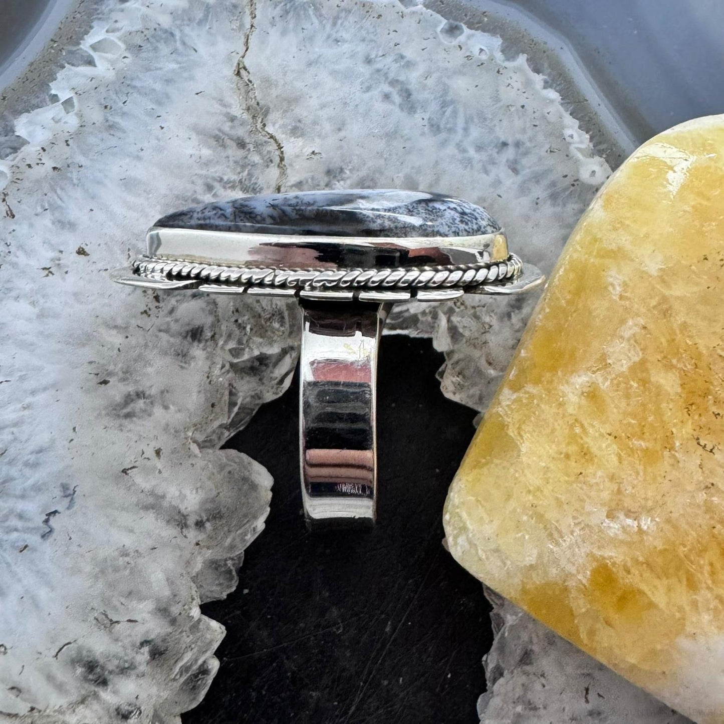 Sterling Silver Southwestern Style Elongated Teardrop Dendrite Agate Ring Size 9.25 For Women