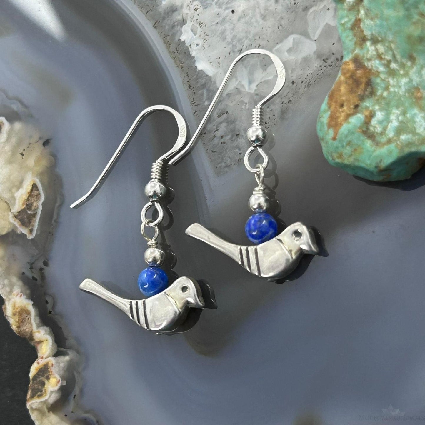Carolyn Pollack Southwestern Style Sterling Silver Bird with Lapis Bead Dangle Earrings For Women