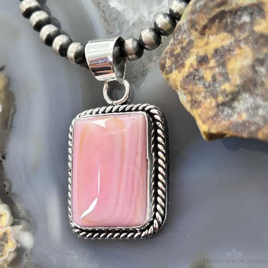 Native American Sterling Silver Rectangle Pink Conch Decorated Pendant For Women #1