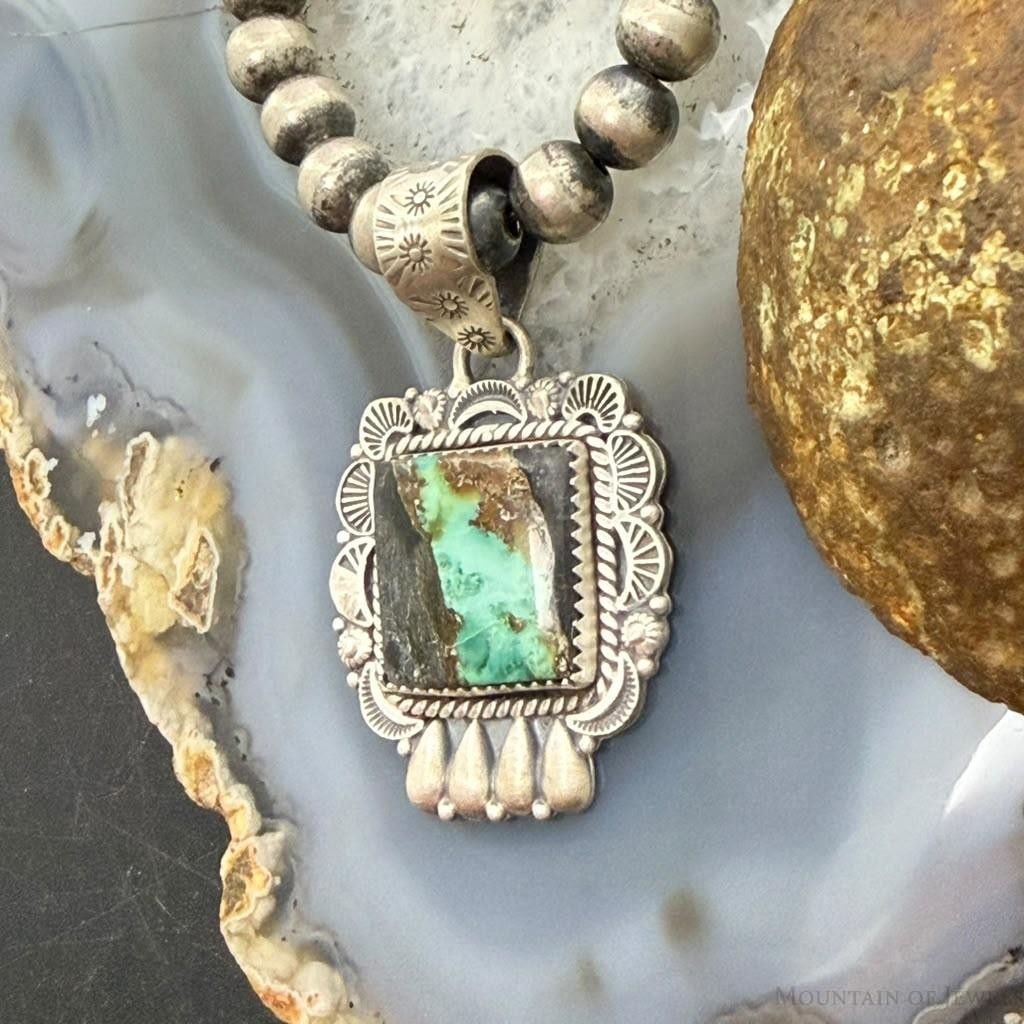 Sterling Silver Southwestern Style Square Blackjack Turquoise Decorated Pendant For Women