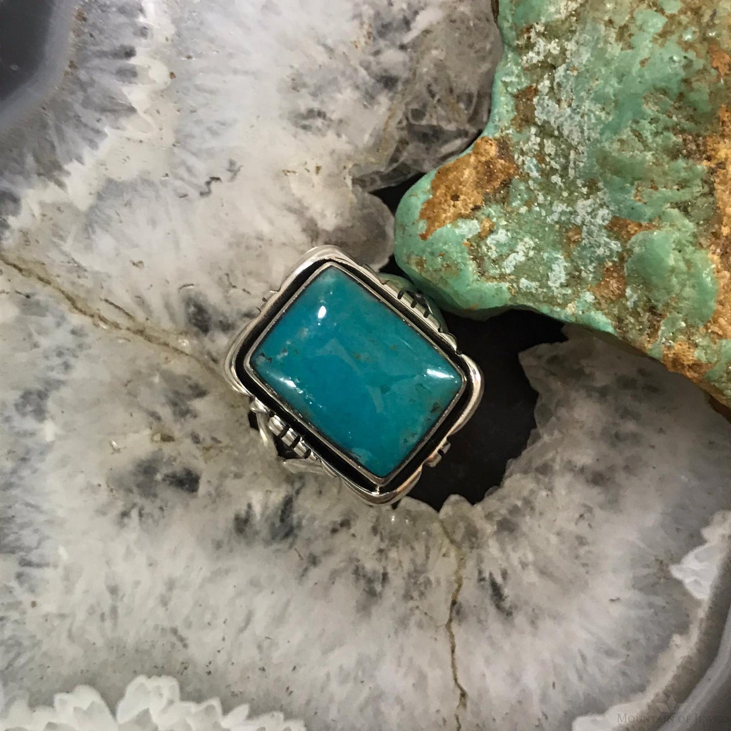 Native American Sterling Silver Rectangle Turquoise Mini Bar Ring Size 6.25 For Women