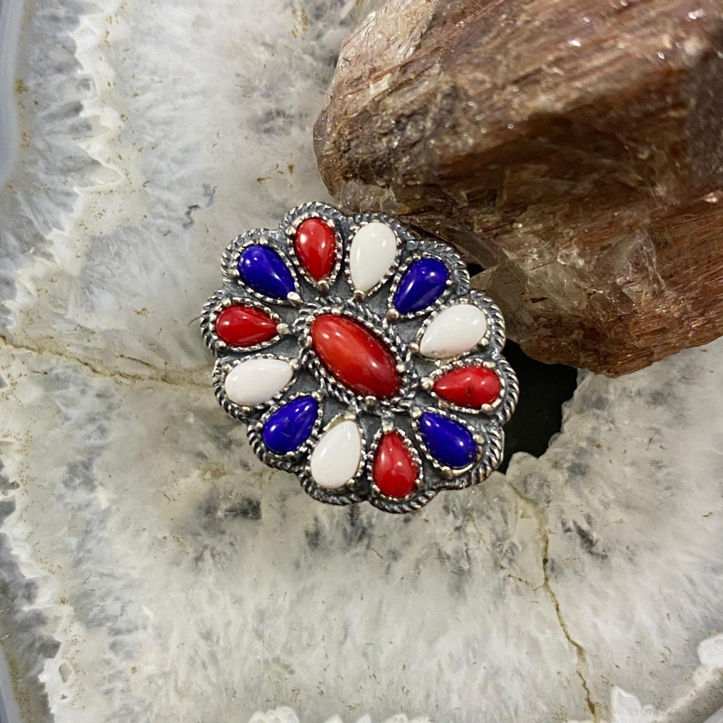 Carolyn Pollack Southwestern Style Sterling Silver Red Coral, White Agate, Lapis Cluster Ring For Women