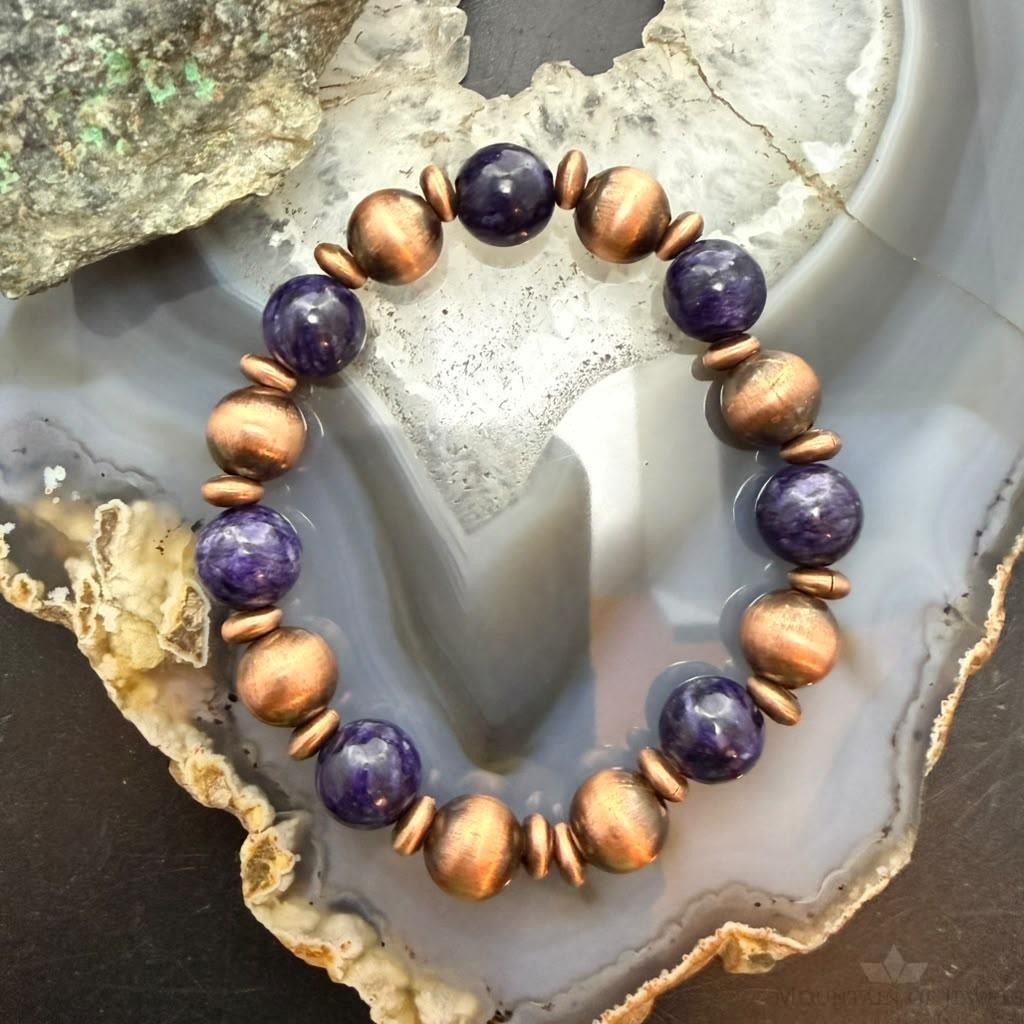 Southwestern Style Copper 10mm Navajo Pearl Beads&10mm Charoite Stretch Bracelet For Women