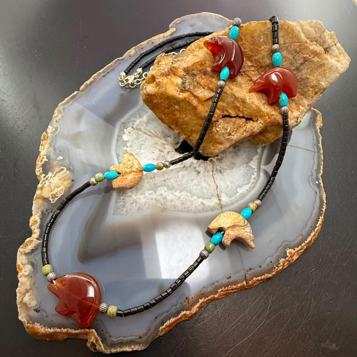 Shube Dakota West Fetish Bear Onyx & Turquoise Beads 24"-27" Necklace For Women