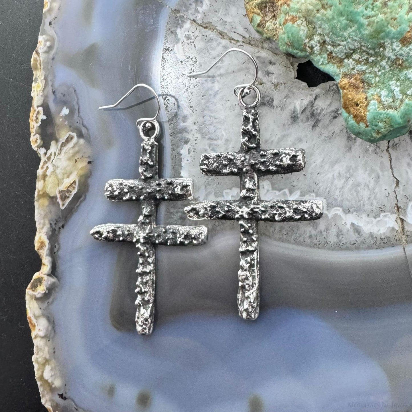 Cheyenne Custer Sterling Silver Tufa Cast Native Cross Dangle Earrings For Women