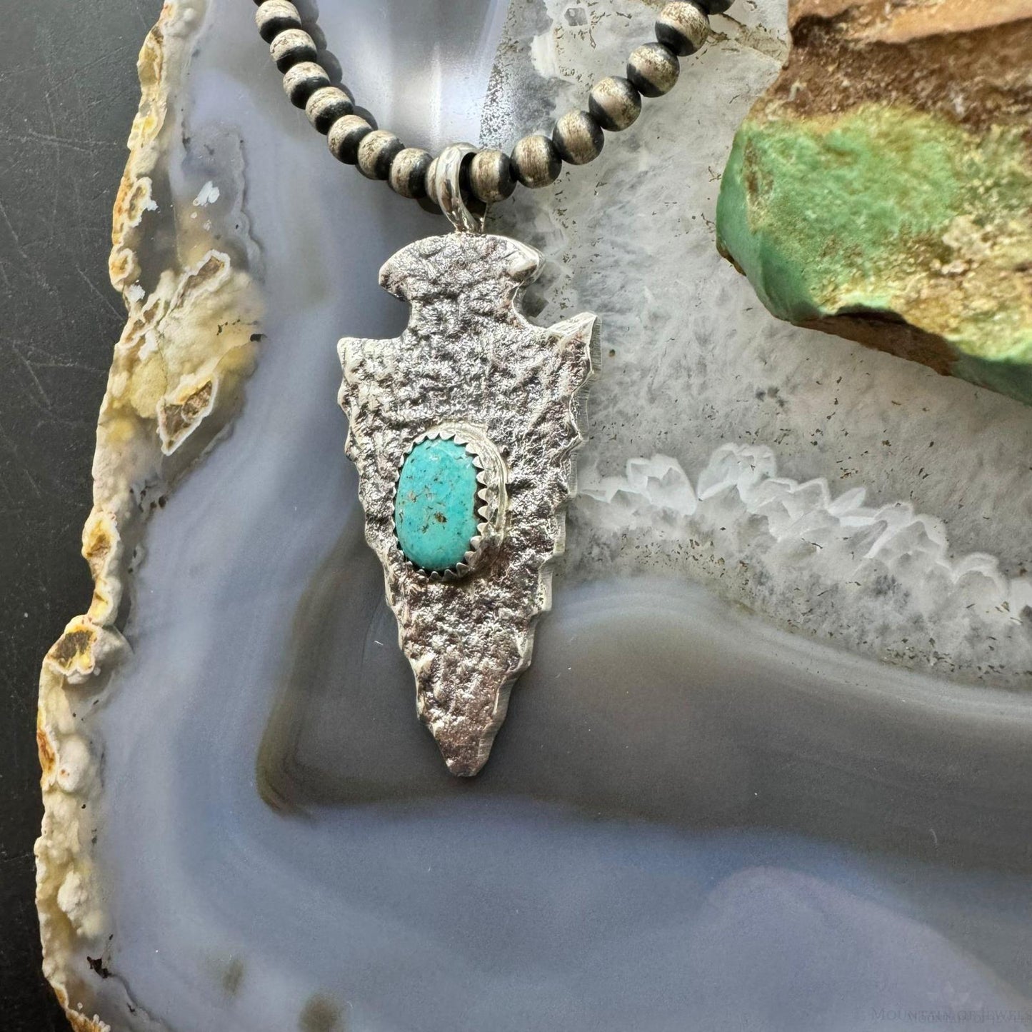 Gary Custer Native American Navajo Sterling Silver Tufa Cast Turquoise Arrowhead Unisex Pendant #2