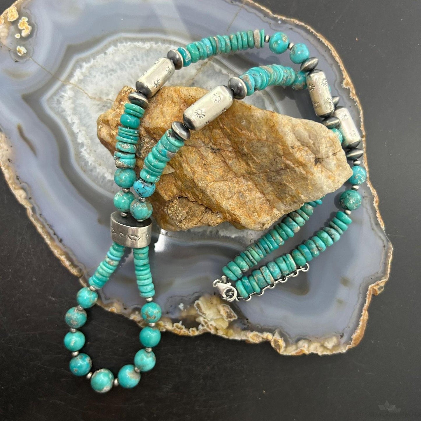 Sterling Silver Southwestern Style Turquoise Beads & Sterling Beads 26"-28" Necklace For Women