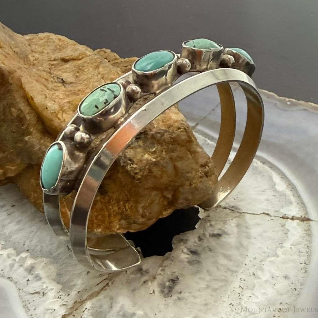 Vintage Native American Silver 5 Oval Turquoise Single Row Bracelet For Women