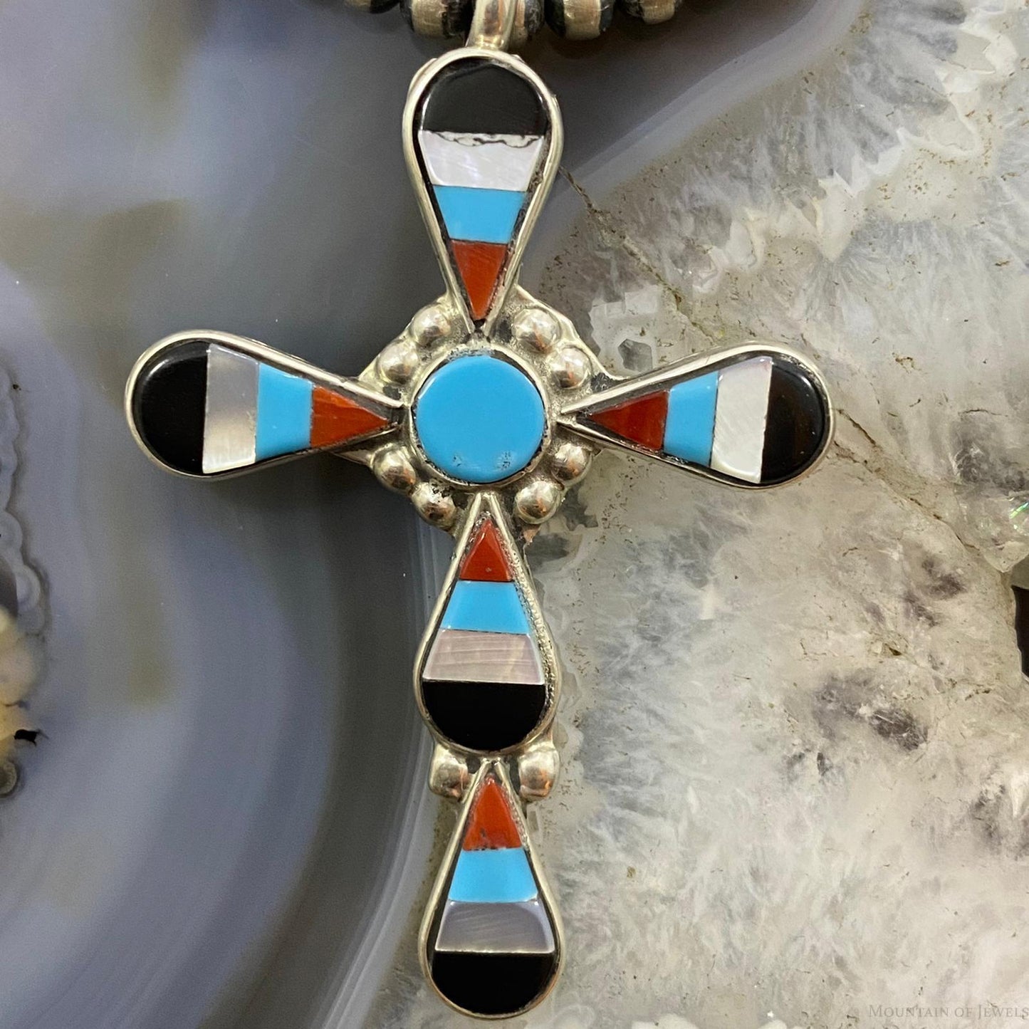 Floenda Lonasee Zuni Sterling Silver Multi Stone Inlay Unisex Cross Pendant #1