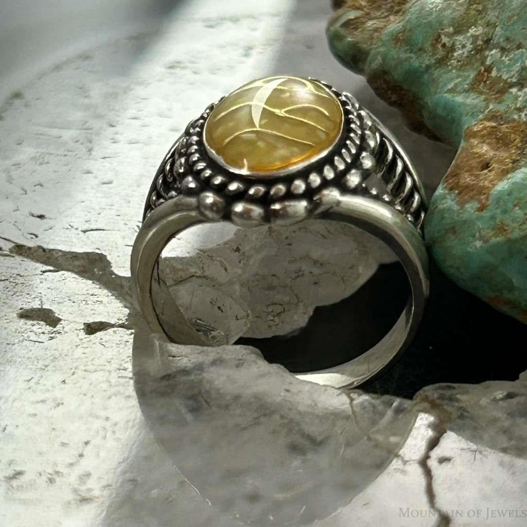 Carolyn Pollack Sterling Silver Oval Chip Inlay Citrine Decorated Ring For Women