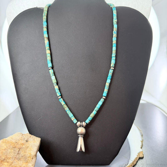 Sterling Silver Turquoise & Navajo Pearl Beads With Squash Blossom Necklace For Women